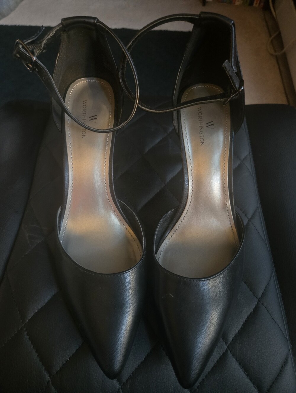 Worthington Black Pointed-Toe Ankle Strap Heels